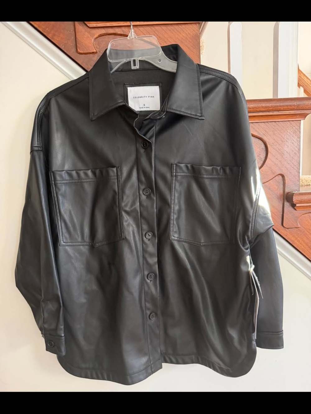 Celebrity Pink Black Faux Leather Button-Down Shirt Sz S